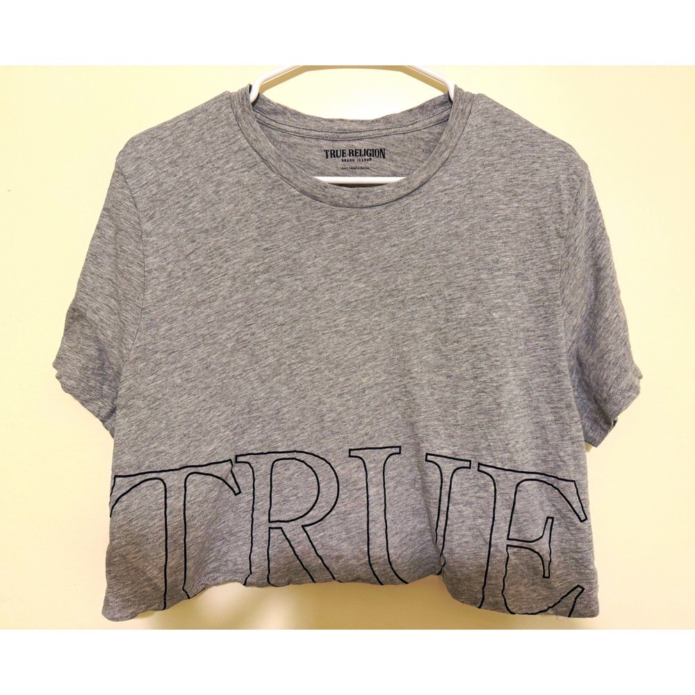 True Religion Women's Gray Cropped Logo Crew Neck Cotton Knit Tee Size L